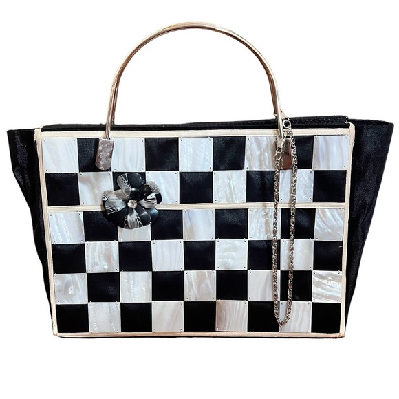 SXS Fashion Black & White Mother Of Pearl Checkerboard Handbag Purse Retro Chic - Picture 1 of 9